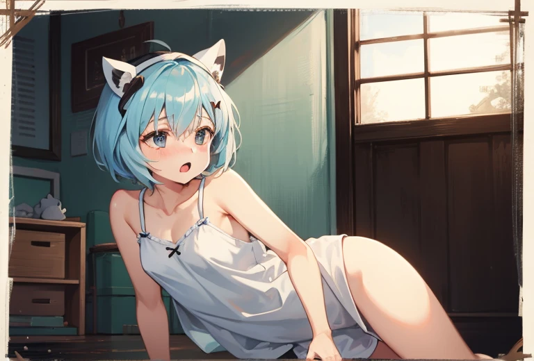 top-quality、One Little Girl、Sentimental、full-body view、lying back、white clothes、frilld、Fantastical、lightblue hair、small tits、Cat's ears、short-cut、bare-legged、profetional lighting