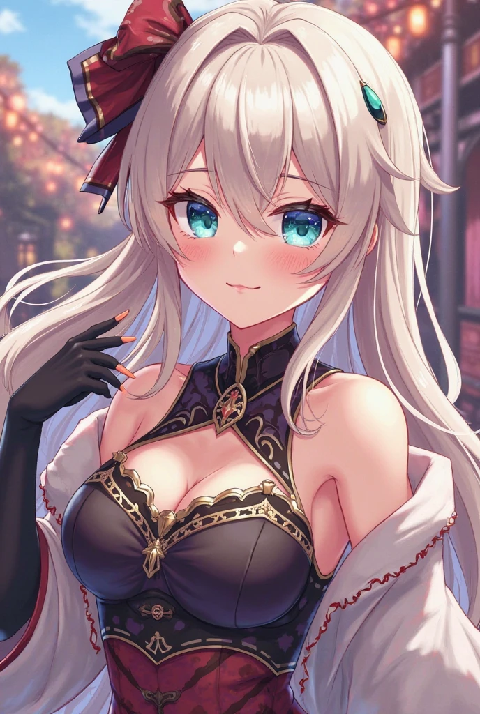(masterpiece,top quality,high quality)), ((8K wallpaper unified with high definition CG)), Solo mature woman, 35yo,
Portrait, beautiful, full lips, smile, red make up, white hair in a loose bun, two long bangs parted, exposed forehead, long
eyelashes, sultry gaze, sexy, dark purple evening gown, very large breasts, long red fingernails, MILF, curvy body, mansion background, luxery, thick thighs, green eyes,