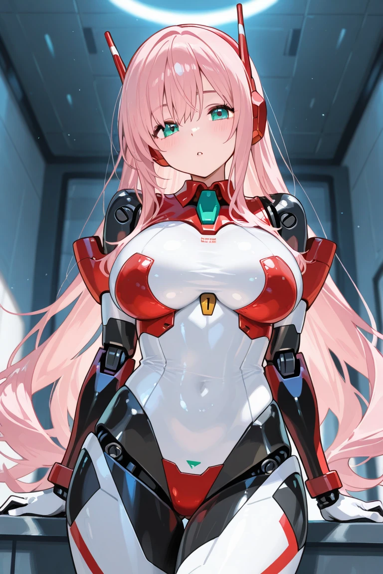 very detailed background, masterpiece, best quality, 1girl, solo, ((masterpiece, best quality)),best aesthetic, zero two (darling in the franxx), darling in the franxx, bangs, biting, blush, covered navel, eyeshadow, green eyes, hair behind head, hand on hip, horns, smile, long hair, looking at viewer, makeup, massive breasts, pilot suit, red suit, pink hair, red eyeshadow, science fiction, skin tight,