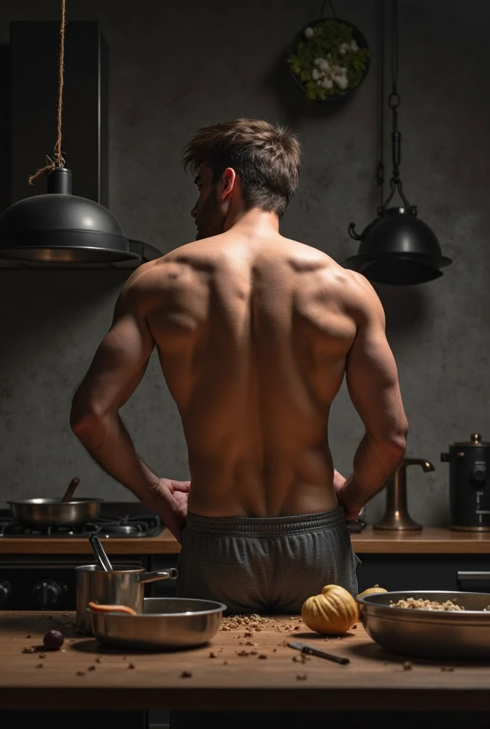 masterpiece, a high resolution, (Male focus), (1 boy, slim, 20 years, Spanish, , short hair, Brown hair, kitchen),  plumber tools, sink fastening, Ass exposed, looking back, Curious, Close-up, 8K, HDR