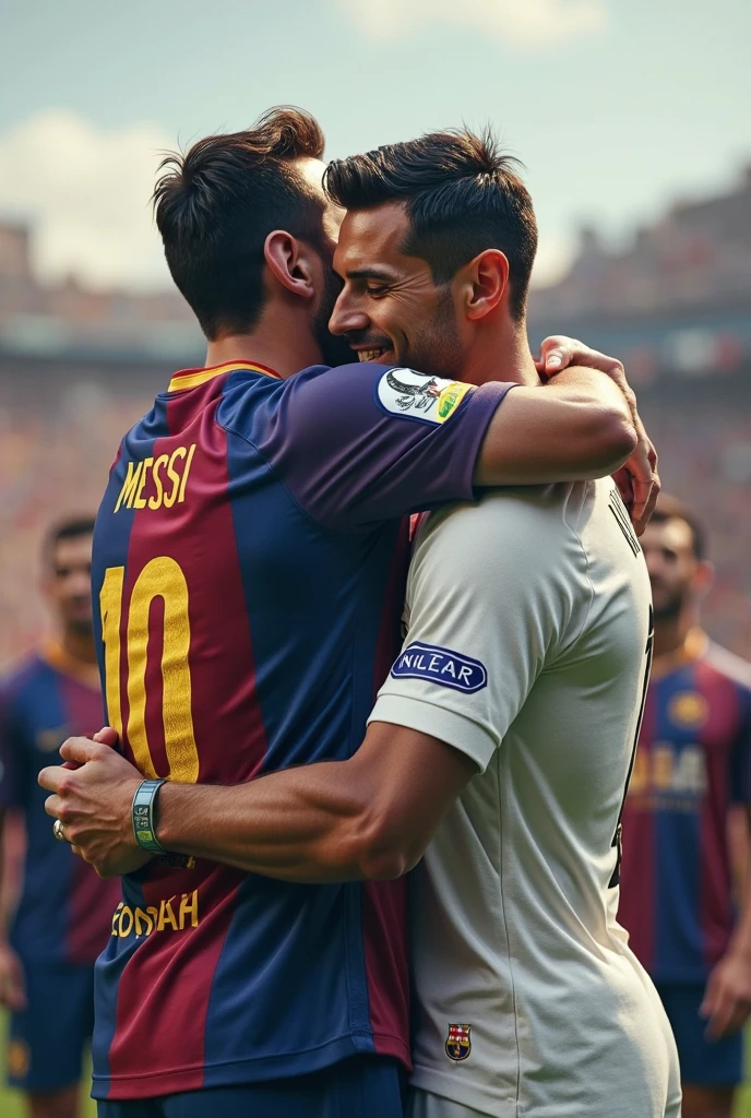 Lionel Messi kissing Cristiano Ronaldo.