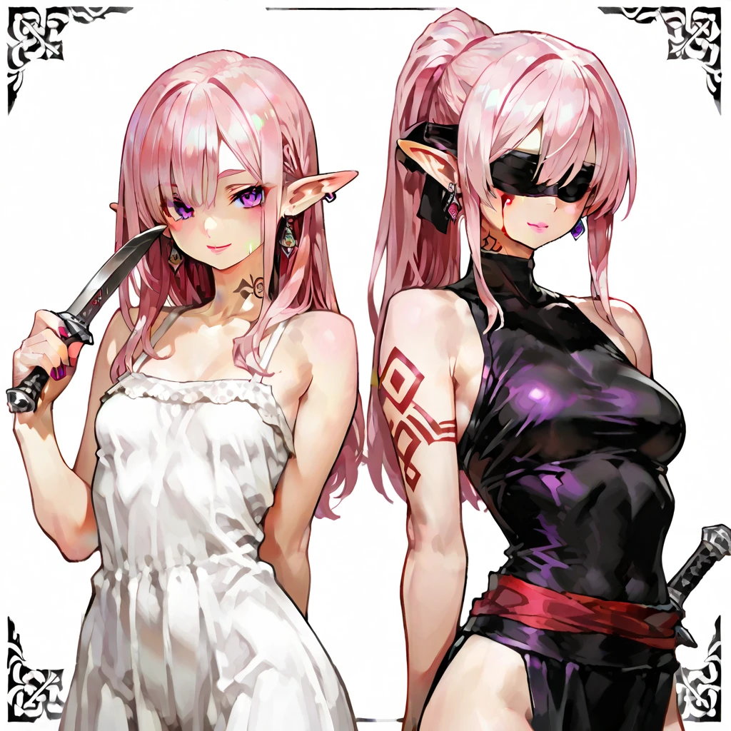 ((1girl)) full body, standing, grey skin, drow, elf, mature, purple eyes, white hair, black bikini, abs, big knockers, tatter rags, chain collar, stomach tattoo (red tattoo)