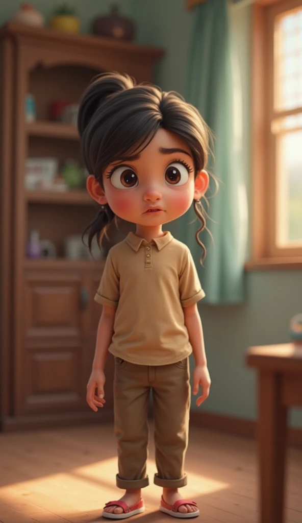 Child with dark brown hair tied up
