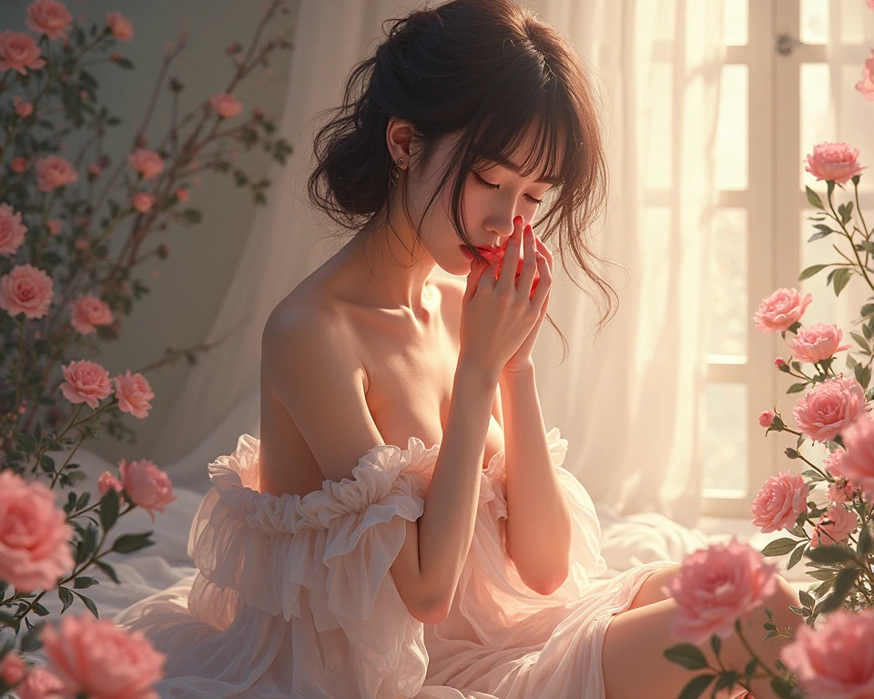 beautiful naked japanese girl with small breasts lying on the sheet kissing、of、スリムな日本ofグラビアアイドル