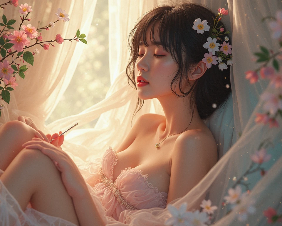 32k, Masterpiece, Highest quality, One girl, Brown Hair, Detailed eyes, flower,Freesia, Pink and navy style,A dreamy, romantic piece,Pale yellow, Mysterious Leaves,A playful arrangement,Fantasy,High Contrast,Ink strokes,explosion,Exposure, Impression of pink and navy tones,Abstract,((Watercolours by John Berkey and Jeremy Mann )) Brush strokes,Negative Space, Tyndall effect,