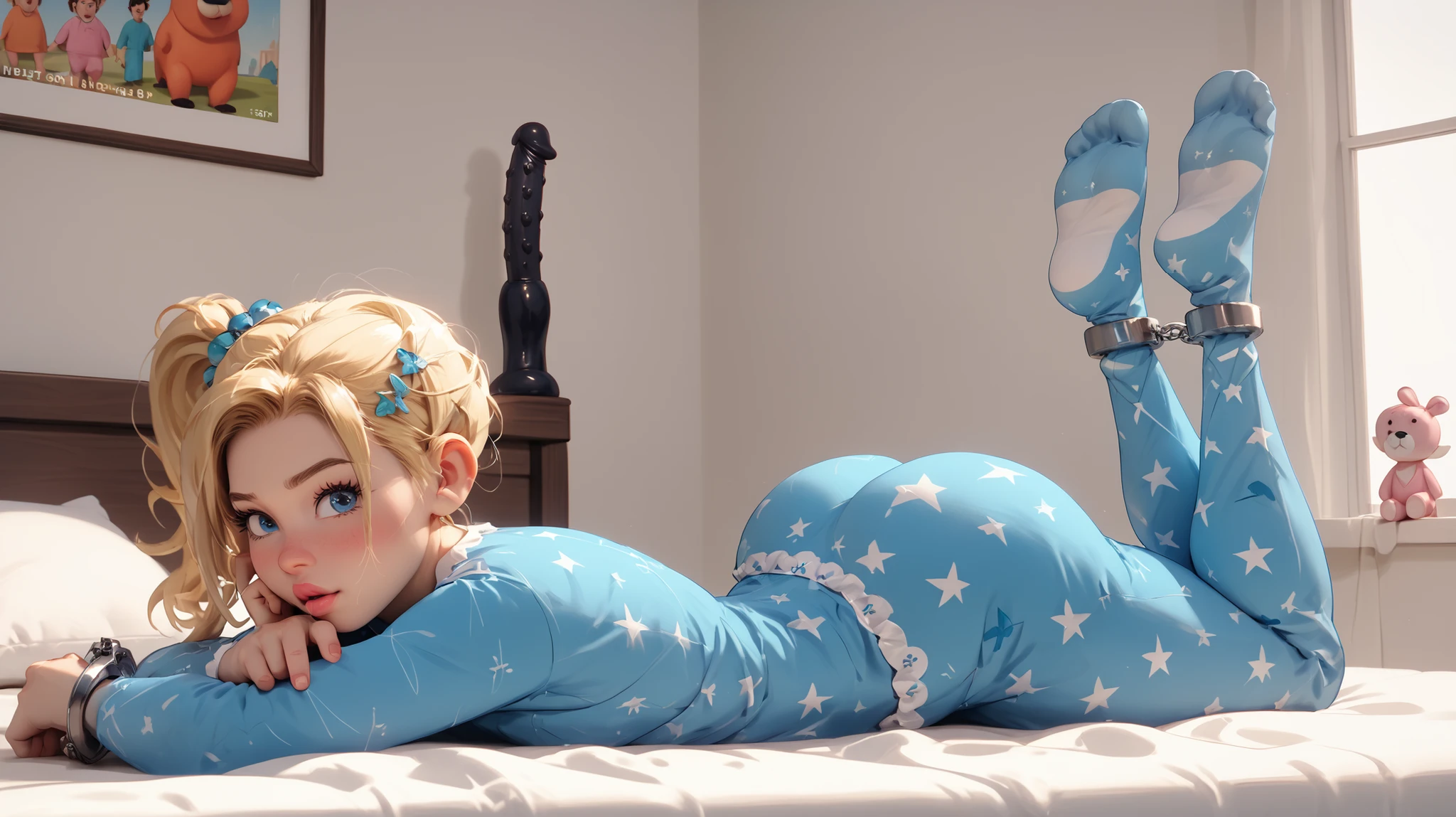 3D pixar style. Beautiful tall, big, 20 year old woman: laying prone, flat on her stomach, pelvis flat, head resting on forearms below her, on pink comfy unmade bed. She wears bright baby-blue tight fitting silk pajamas. Her head faces viewer; she looks at viewer. Highly detailed eyes. Thick plush glossy lips. Side profile view. She has thick thighs, big butt, highly detailed face and eyes. Normal limbs. Masterpiece. Normal legs and arms. Normal amount of body parts. No deformities. High detail eyes. Perfect circles for irises. Bright blue eyes. blonde Hair in side ponytail. #full body. Blue eyes. Anime eyes. Attached to wall in background is paddle for spanking, whips, handcuffs, dildos.