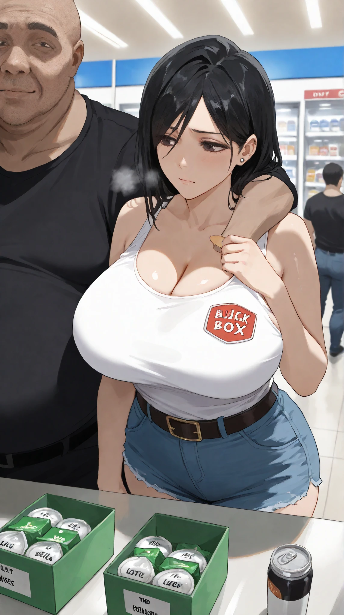 (Perfect body),Best Quality,(8K Portrait),(anime screen cap)、(((())))、embarrassed from、(((blush))),(Sweat),((((large udder))))、((((Big ass))))、(Dark hair),((short-cut))、(pink eyes),(((thick thighs)))、eye glasses、(())、((Black Leggings))、adult woman、Cowboy Shot、Standing、(((Training room)))(シャツリフト:1.3),(lingerie:1.3),