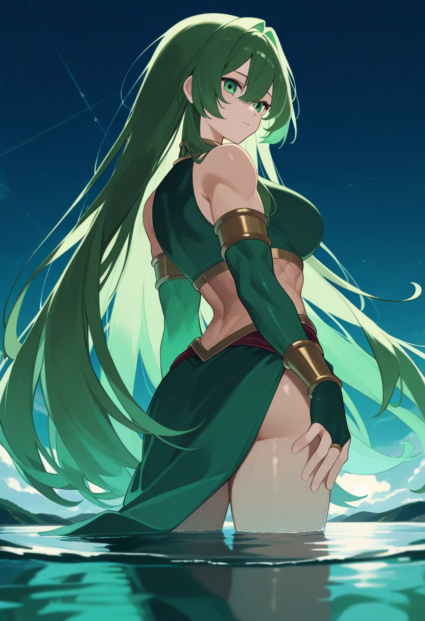 Dark skin woman, brown skin, long seafoam color hair with light green highlights, green emerald eyes, dark blue halter top, dark blue elbow length gloves, green emerald bracelets, bare legs, dark blue shorts, green emerald loincloth