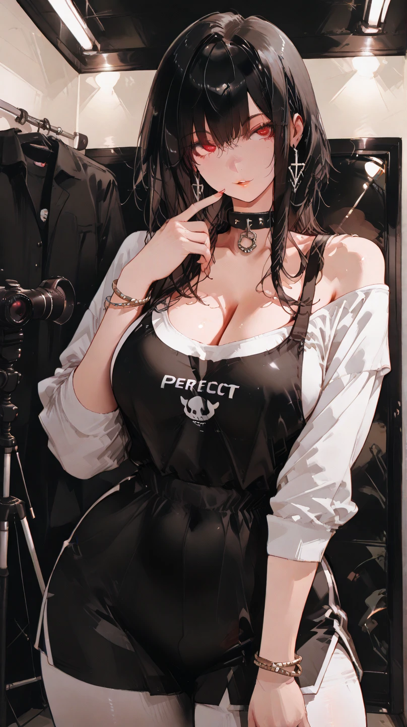 ((masterpiece)), (((best quality))), ((ultra-detailed)), (((illustration))), detailed face, ultra cute face, detailed body, ((1girl)), ((solo)), medium hair, (brown hair), ponytail, (fluffy hair), blue hair tie, brown eyes, smile, blush, looking at viewer, cowboy shot, sexy pose, walking in a suburb, evening, sunset, choker, (black mini skirt), (white crop top), medium breasts, cleavage, perky breasts, ((Thicc)), curvy, ((wide hips)), (thick thighs), pudgy belly, (chubby female),