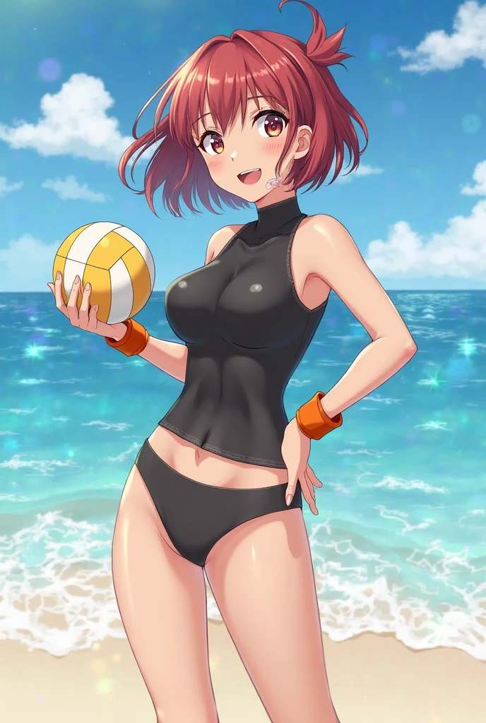absurdos, high resolution, ultra-afiado, 8k, obra de arte, olhos expressivos, extremamente detalhado, 1 garota, Nobara Kugisaki, cabelo castanho, olhos castanhos, seios grandes, praia, mar, Black Bikini, corpo todo, sentado,