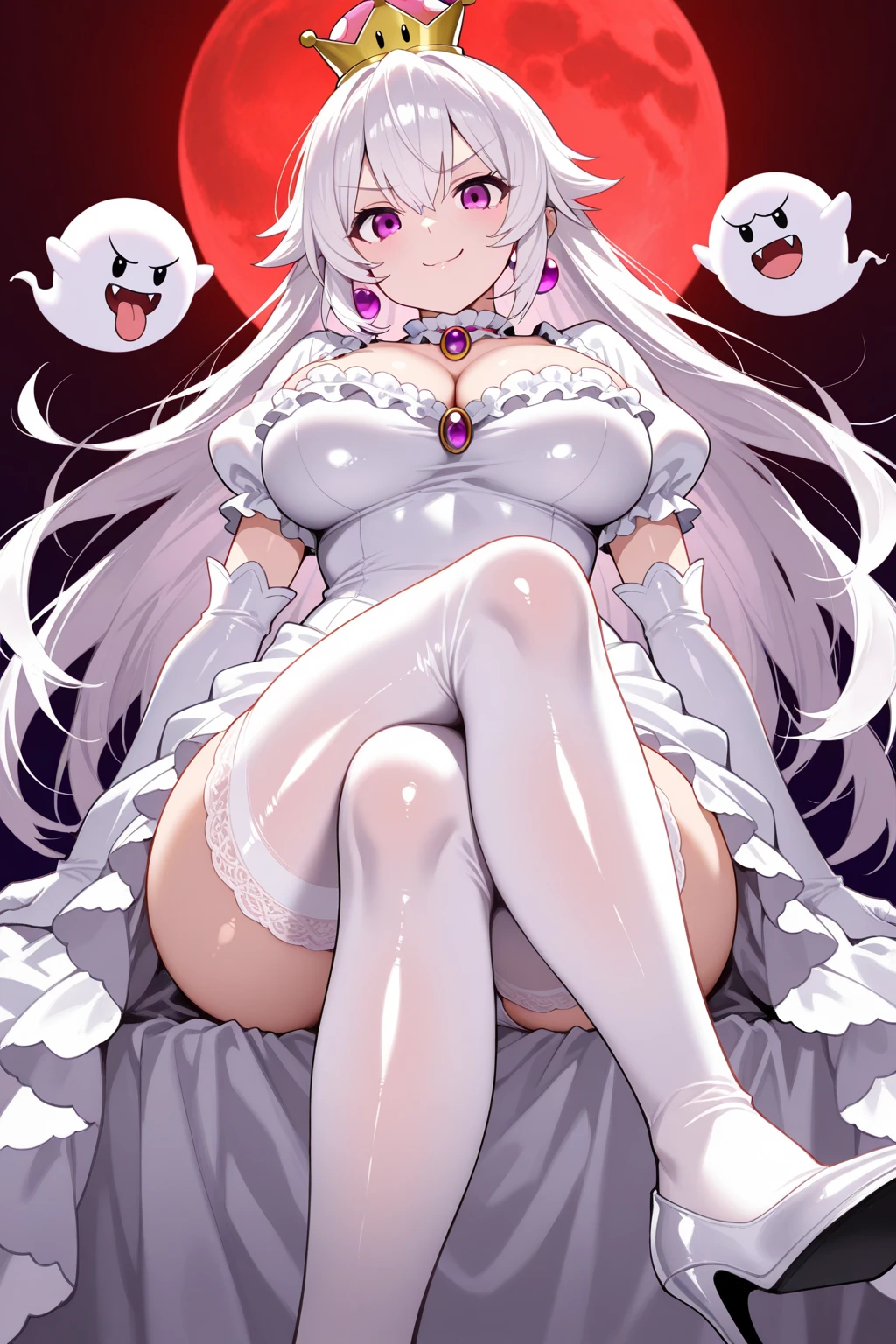 (((Alone))),(((Woman))),(((big breasts))),(((white rabbit ears))),(((white hair))),(((thin waist))),(((thick thighs))),(((reddish pink eyes))),(((light skin))),(((Wearing a white dress shirt with a checkered tie next to a checkered skirt reaching your knees)))