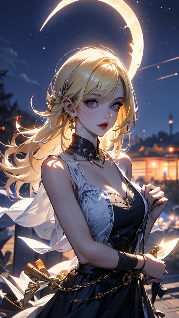 (10, best qualityer, work of art:1.4, ultra high resolution, ((highest quallity)), ((work of art)), (super verbose:1.4) an anime girl, cute anime girl,  looking at the audience, anime girl, young anime girl, slickedback hair, natural blonde hair, mid-back length hair, amber eyes,(Beautiful, precise and detailed eyes, glare eyes), small lips, pale lips, Caucasian skin, short, breasts small, hard tits,(ultra high detailed breasts). big hips, perfectbody, attractive body, corpo sexy, Calm gaze, shy smile, golden ratio, (Perfect anatomy without destruction),(shiny hair:1.1,),(her face looks delicate and beautiful. her skin looks delicate and beautiful.), Fine body, slim tummy, white undershirt, Waist slender, へそ, detailed breasts, detailed breasts, The bright white outfit is divine,(fullmoon:1.1, Backgrounds with depth:1.3), playing with the starlight, 