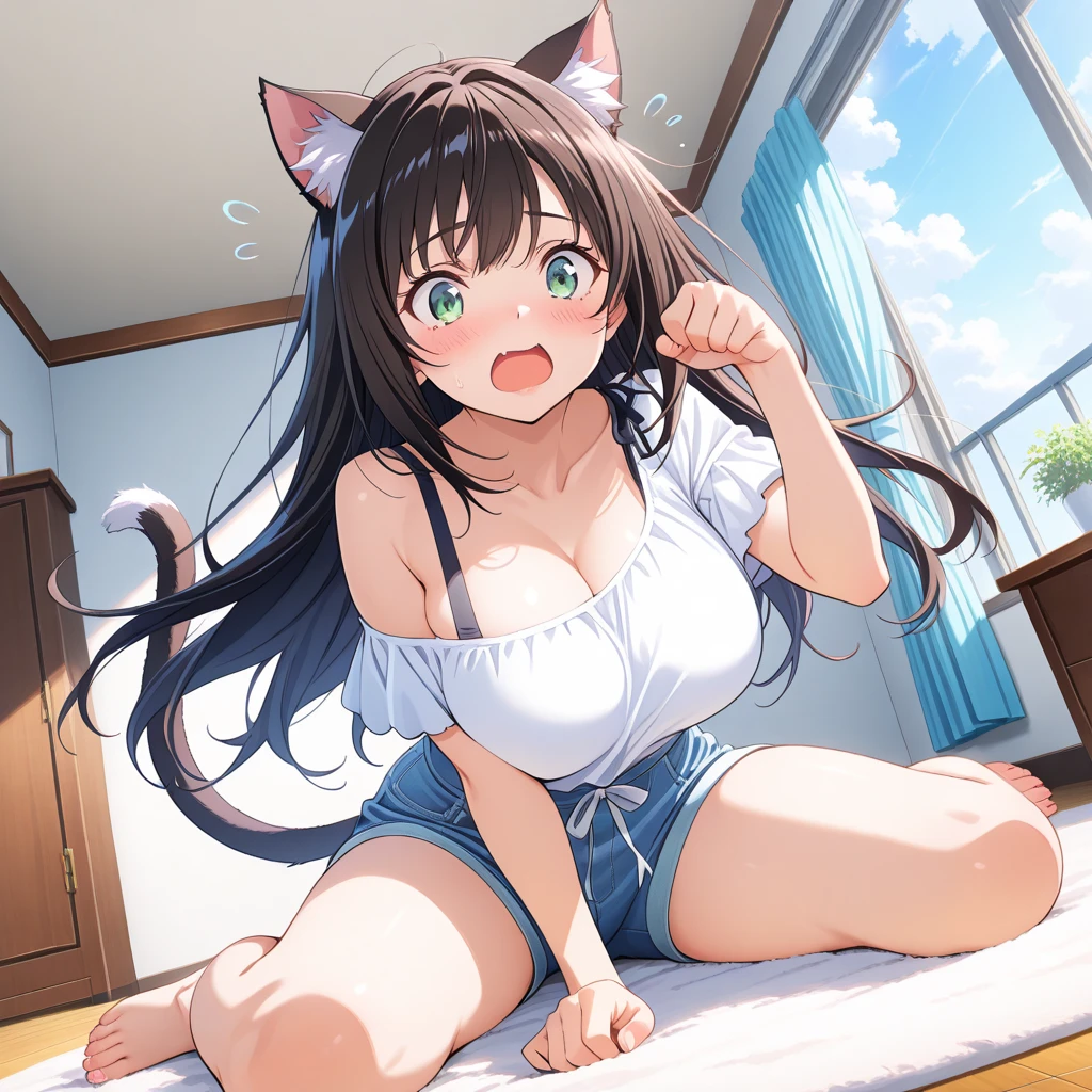 (Highly detailed CG Unity 8k wallpaper), (Best Quality), (Super Detail), (Best Illustration), (Best Shadow), POV, Realistic lighting and shading, Natural light, Lens flare effect, BREAK, 1 beautiful girl, Solo,(Cute:1.5),(Chibi:0.8), (kawaii:1.5),(Lori:0.5), BREAK,  ( (17 years old girl), Very detailed, colourfull, highest details, BREAK, (Huge breasts: 1. 2,), Clear skin, Beautiful skin, Shy skin, 1 beautiful girl, Brown hair wet with sweat, (Cat ears, Ponytail, medium-Long hair: 1. 2), (Light blue eyes, long eyelashes, Double eyelids: 1. 2), Solo,  gleaming skin, BREAK,(Black shorts,Pichi Pichi:1.2), (shortsleeves, White T-shirt,Taking off your t-shirt,Wet,Lower breasts that were about to be seen,no-bra:1.2),  (star-shaped earring:1.1), (Lace headband:1.0), (Cute Accessories:1.3), (I'm surprised to see a change of clothes:1.1), (is standing,,Slouched:1.3), Taking off your t-shirt, (Angle from above,Emphasizes cleavage:1.1), BREAK, (Caregiver:1.2),(Facilities for the elderly,dress room,Door open,Day Service,in a house:1.5),(Multiple young women changing clothes)