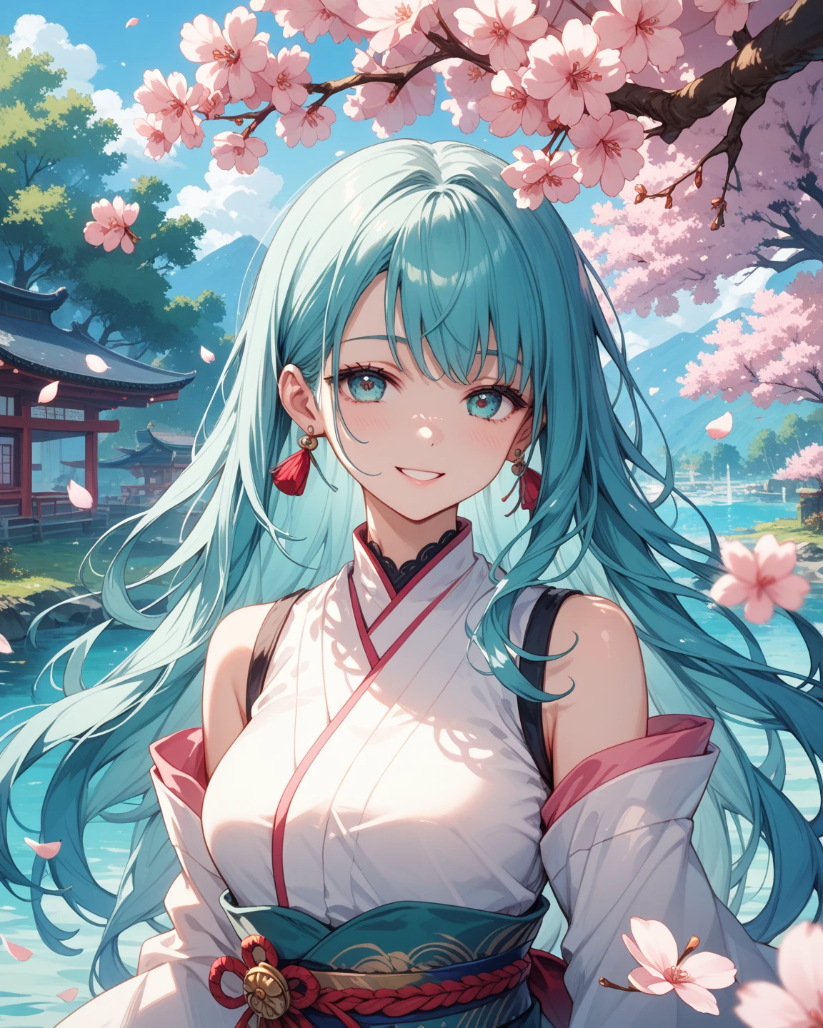 1 female、whole body、long hair、well-groomed face、silver hair and blue hair 1:3、dense lips、red eyes、off shoulder dress、beautiful breasts、slim、mini skirt、cherry blossoms、cherry blossoms吹雪、petal、hot spring town、sunset、masterpiece、ultra high resolution、delicate、perfect lighting、sunlight、16K