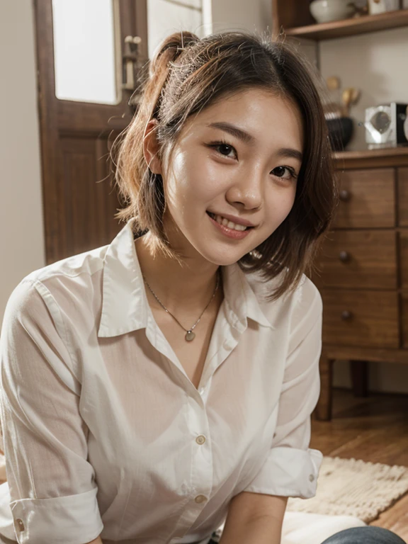 (A beautiful Japanese office lady, age 28, wearing formal White shirt with buttons & lime mini-skirt, resting at home, friendly and feminine expressions, kind smile, dimpled chins, cute snaggle-tooth, short bob hair ponytail, symmetrical face, realistic detailed face, beautiful detailed eyes, perfect body proportions, ample round bosoms, photorealistic, hyper-realism, high contrast, ultra HD, realistic skin textures, top image quality, top-quality, super high resolution, fine details, very meticulously, masterpiece, head to knees, serene ambience, High Angle Shot, bokeh background)