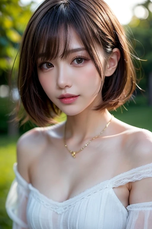 (masterpiece:1.3), high resolution, ultra detailed, extremely detailed CG unity 16k wallpaper, realistic, photo-realistic, RAW photo, super fucking beautiful detailed face, natural makeup, pale skin, realistic glistening skin, detailed cloth texture, detailed hair texture, beautiful detailed fullbody, Perfect female body, accurate, Anatomically correct, Highly detailed face and skin texture, natural neck length, (beautiful hands), (fair skin:1.1), (well-aligned teeth:1.1), ((beautiful breasts, cleavage:1.3)), (Perfect dynamic composition, looking at viewer, cowboy shot), (Random and sexy poses:1.3), 
BREAK, 
Detailed eyes, symmetric eyes, Light Brown eyes, Double eyelids, Thin eyebrows, (Glossy lips:1.4), ((A face with waiting for a kiss:1.2)), (blush:1.1), (A sparkling small hair accessory:1.1), (beautiful smile:1.1), (sweat skin,blush:1.2), 
BREAK, 
((short hair, bob, Dark blonde hair, bangs:1.2)), (park, Random and sexy wear:1.3) 