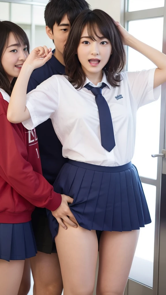 8K, RAW portrait of (Women in Japan),masterpiece、Photorealsitic:1.3、photographrealistic, 超A high resolution, Best Quality, Real life photography ,( At night :1.1),((( Two girls showing off their panties in the bedroom late at night)))、(kawaii faces:1.4)、Two very cute Japanese girls,((Japan High School Girl))、((Realistic High School Girl))、((School uniform、Plaid pleated skirt、a bow tie))、 Long hair,,Slender body,、inside in room、
Big beautiful detailed eyes, Black hair,(depth of fields:1.3),、((Disheveled clothes:1.3))、 ((dark-brown eyes:1.5))、(Authentic skin texture:1.3)、(Immersive atmosphere:0.8、Chiaroscuro:1.2) 、(looking at viewert)、Looking at the camera、Look at viewers、((embarrassed from:1.5))、A smile:0.3、((Reddened cheeks:1.3))、((Ceiling from below:1.3))、(The body is facing the camera:1.5)、((Wear small silk panties:0.9))、((up skirt))、((Woman Pulling Up Her Skirt))、((Spread your legs to the sides))、((frombelow:1.5))、((Close-up in the crotch:1.6))、((pantie shot:1.35))