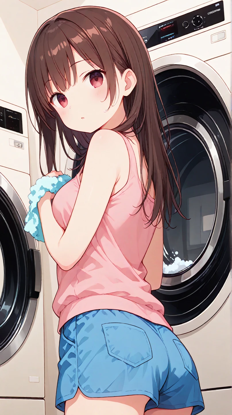 A doing the laundry indoors of her home, smiling, closed eyes, wearing a open shirt nude, wearing a skirt, washing clothes with her hands in the water basin full of clothes