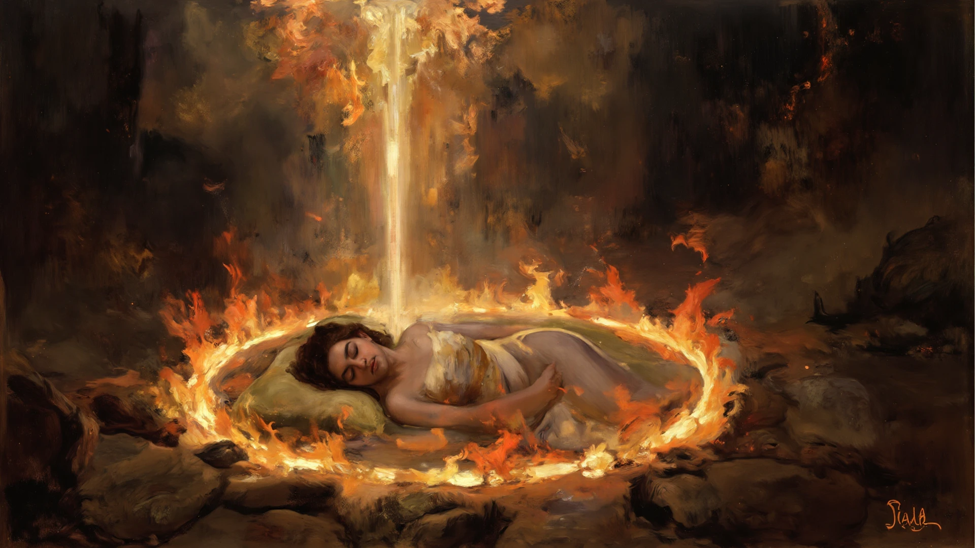 An artistic painting, a man lying on a table, a woman sitting on top of it, pouring wine on him, and in her other hand a flame of fire in the moonlight. The table is a split tree trunk. The scene contains various fruits, pomegranates, grapes, and strawberries. The girl is wearing a Roman Berber dress. Her body has tattoos and she wears an anklet on her leg.