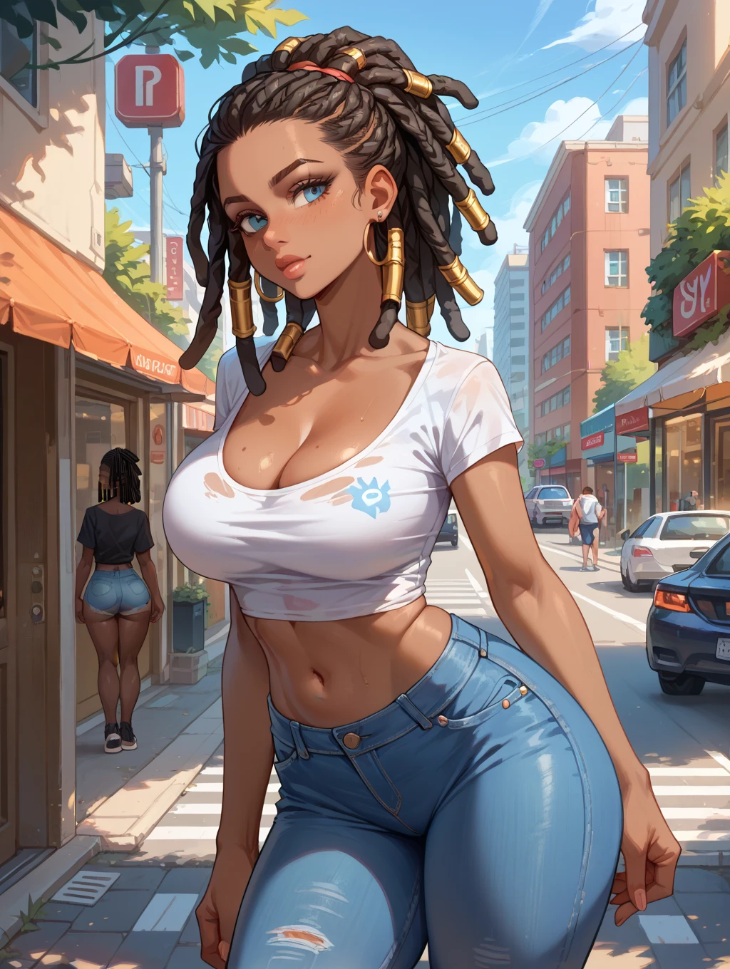 Cute 3d image of an african girl with dreadlocks hip hop trend character , cleavage, thigh, short skirt, sexy