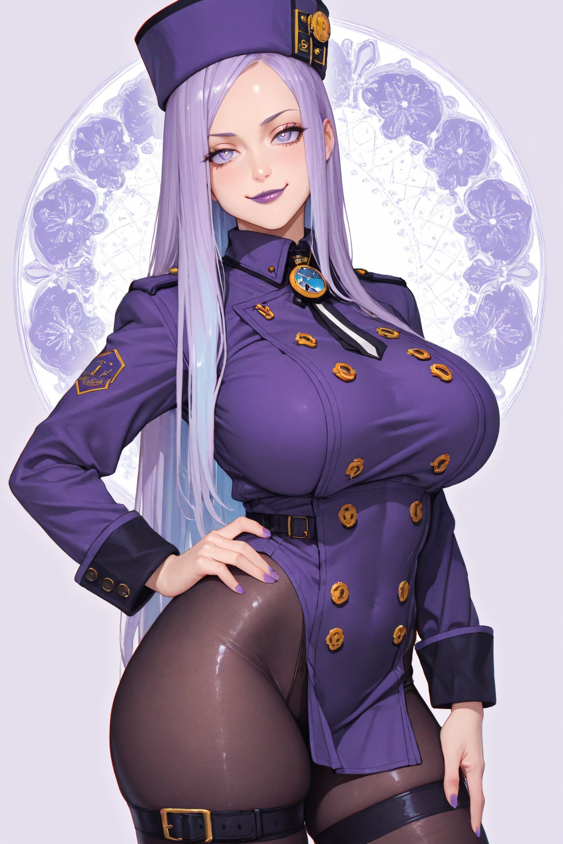 Mature Woman,1 person(((Sexy female soldier))),(((uniform,Tight Skirt,High heels,Fishnet tights,Uniform cap,latex,garter belt))),(Detailed Description, High resolution，8k wallpaper，masterpiece，Highest quality,Depth of region,Anatomically accurate depiction,A face with attention to detail, Eye for detail,Nice hands, Perfect Fingers,eyelash,(Intensely glowing purple eyes,Narrow eyes,Sidelong glance,There is cleavage in the chest,A seductive smile,Pink Lips,Seductive pose),(Glowing Skin、Shiny skin、Oilskin),Perfect body,Curvy Legs,(whole body),background:bed