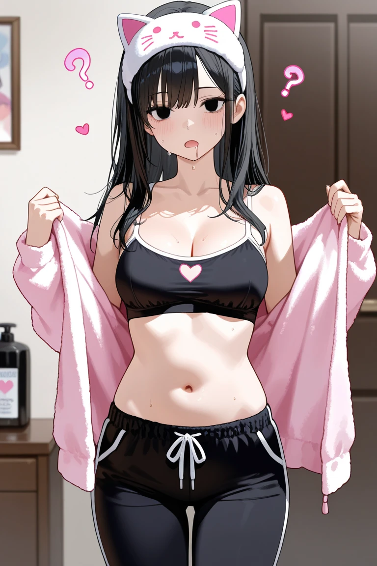 (best quality, 4k, highres, ultra-detailed), riding machine, solo, 1girl, medium breasts, long hair, cropped tank top, healthy skin, ultra-detailed eyes, glowing eyes, blush, breasts, navel, trembling, sweat, tears, steaming body, red_eyes, black hair, detailed eyes, ponytail
