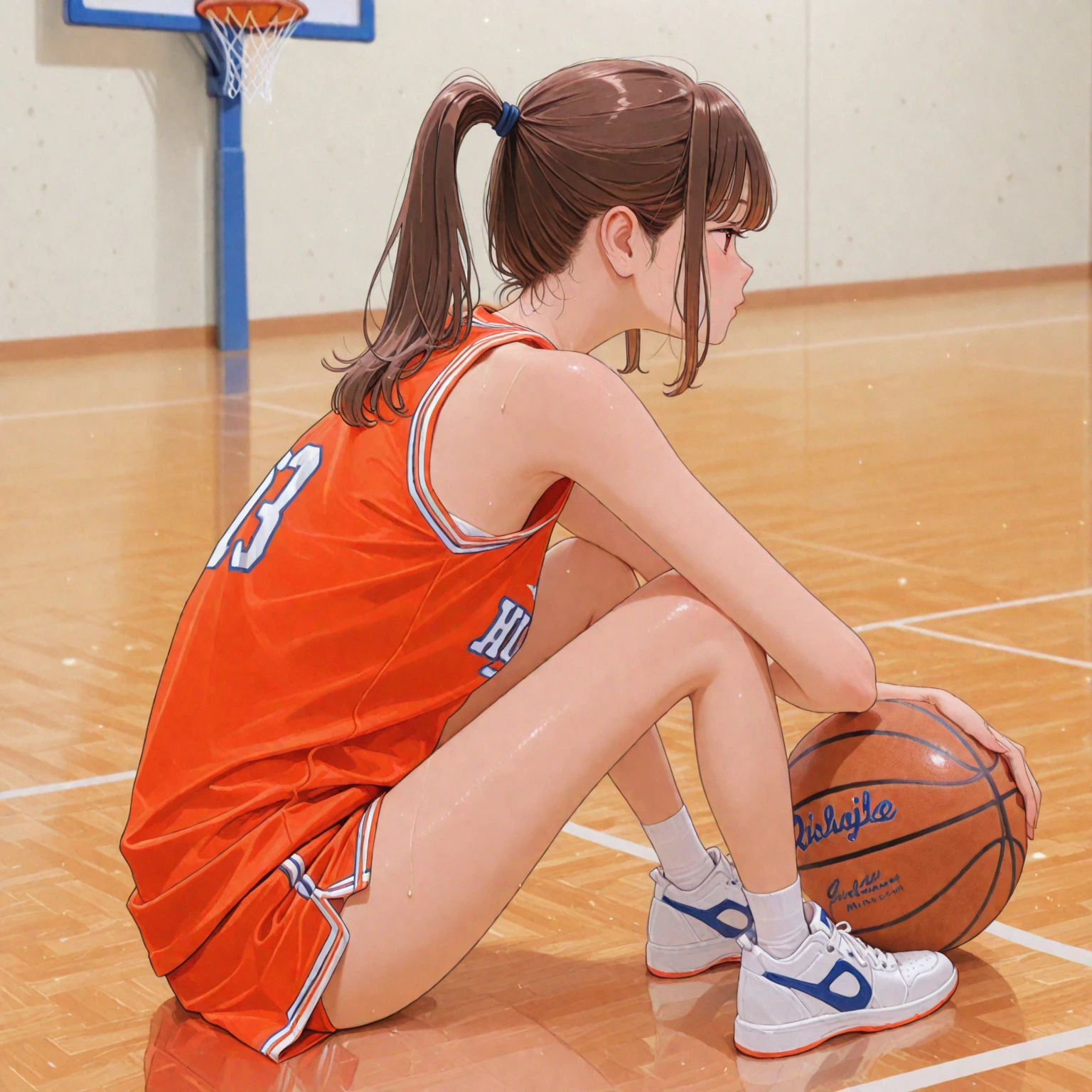 beautiful girl, medium hair, wearing a red basketball shirt number 17, underwear, where the basketball court
