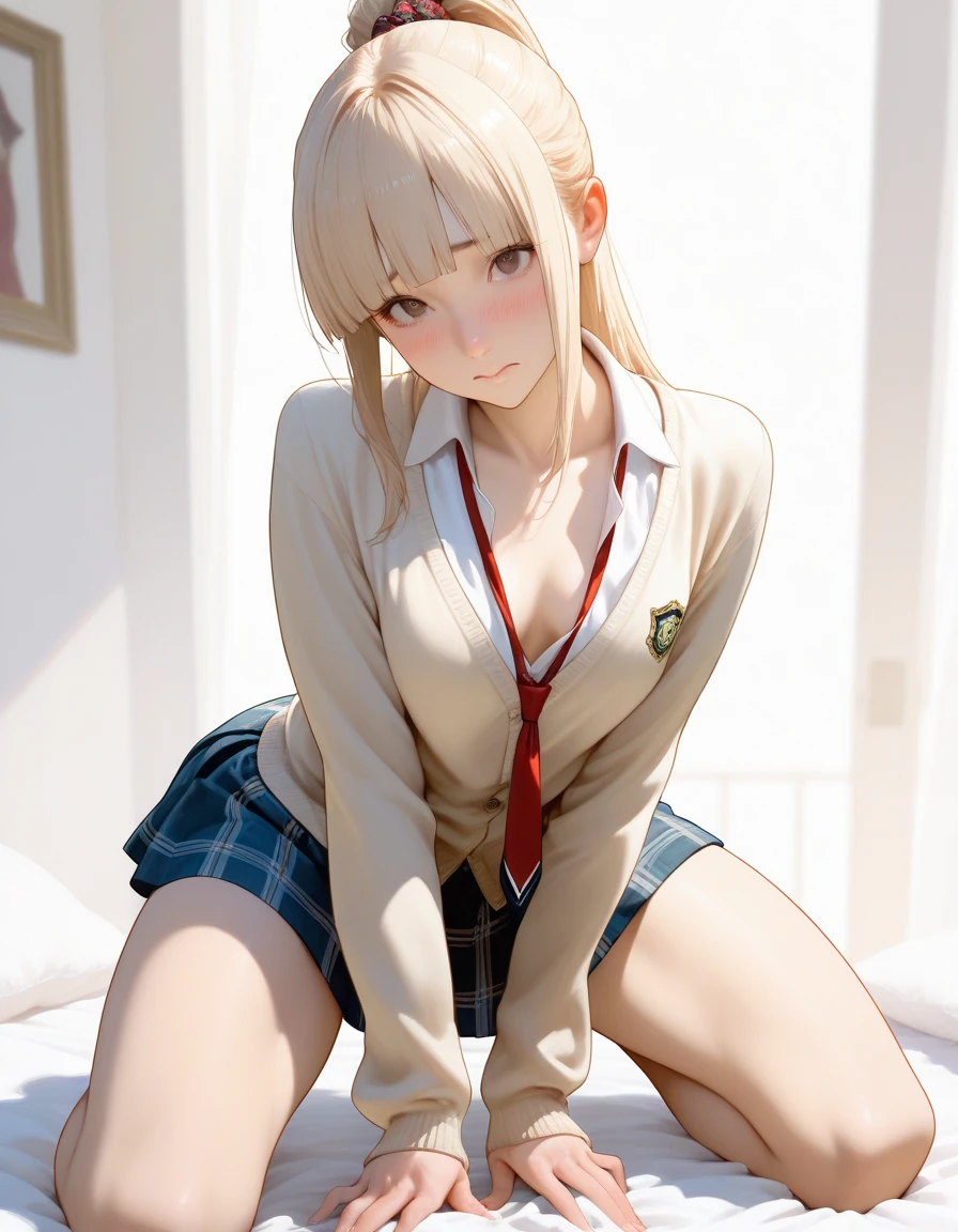 Photorealism、highest quality、超A high resolution、Woman in uniform sitting on bed、Low angle shot:1.5、(M-shaped foot:1.4)、((Showing panties:1.5))、A sexy look for the camera、((blonde:1.4))、((pink silk panties))、((Panties close up:1.4))、Tartan Check Pleated Skirt、Knee socks、A cute and beautiful face down to the last detail、(PurerosFace_v1:0.008)、Brown eyes、eyeliner、blush、Embarrassing、Glare、 Glossy lips: 1.4,  impatience、was scary、Glare、Panty Appeal、Panties close up:1.3、blush、is crying、cry、Open your knees、Spread your legs、Disheveled clothes、dressing、Medium Long Hair,In the bedroom、Anatomically Accurate human body、Two Arms、both hands、Five Fingers、Two legs、Accurate human body