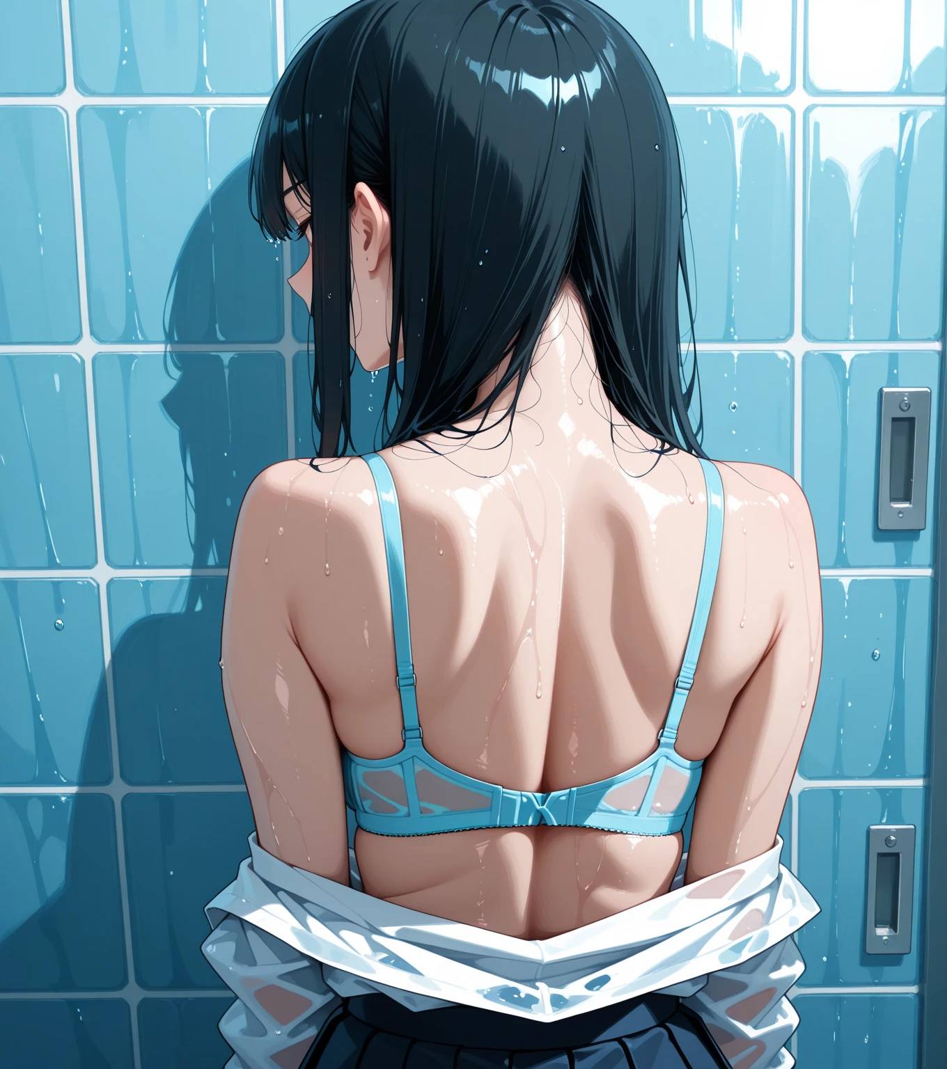 A photorealistic image of action figure of anime Fujiko Mine, taking a shower, back view, cinematic lights.