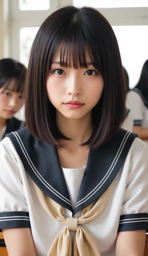 (8k), (Best Quality), (Realistic), raw photo, (photoRealistic:1.4), very detailed, Cute Japanese Girls, No makeup,  ((美しいextra short pixie cut)), dark haired, beautiful eyelashes,uniform, summer, Classroom desk, Many female students, 
