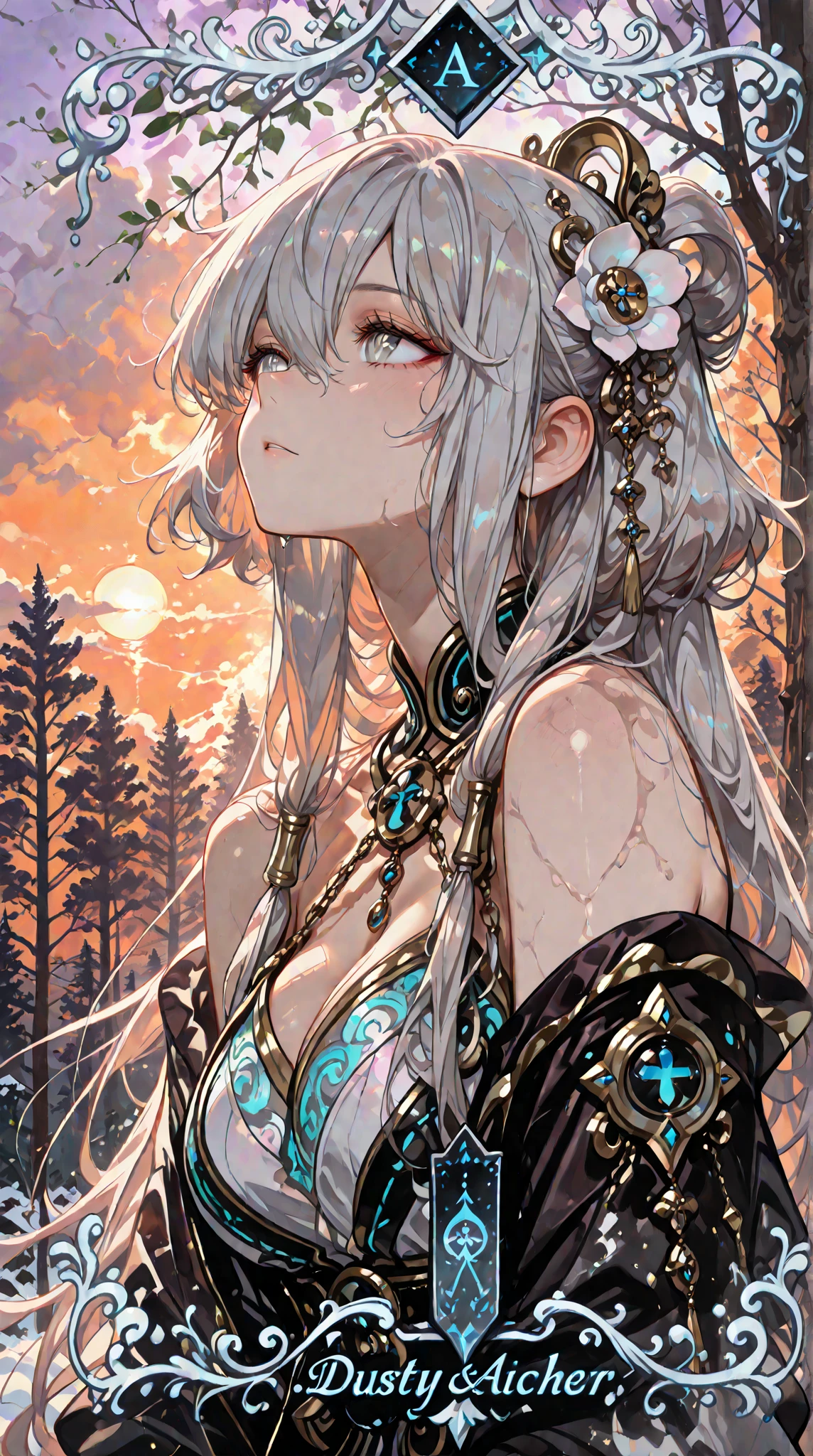 Illustration of ((gigantic breasts)), huge breasts, scantly clad female knight, long flowing white hair, mature woman, milf, sexy, seductive, alluring, erotic, nsfw, wearing black leather body straps harness, Micro thong, masterpiece, sketch, soft watercolour painting, ancient ruins, moss, nature, shallow water, looking at viewer teasing you with her breasts, anime, detailed face, detailed eyes, detailed face, ultra detailed, ((anime)), cowboy shot