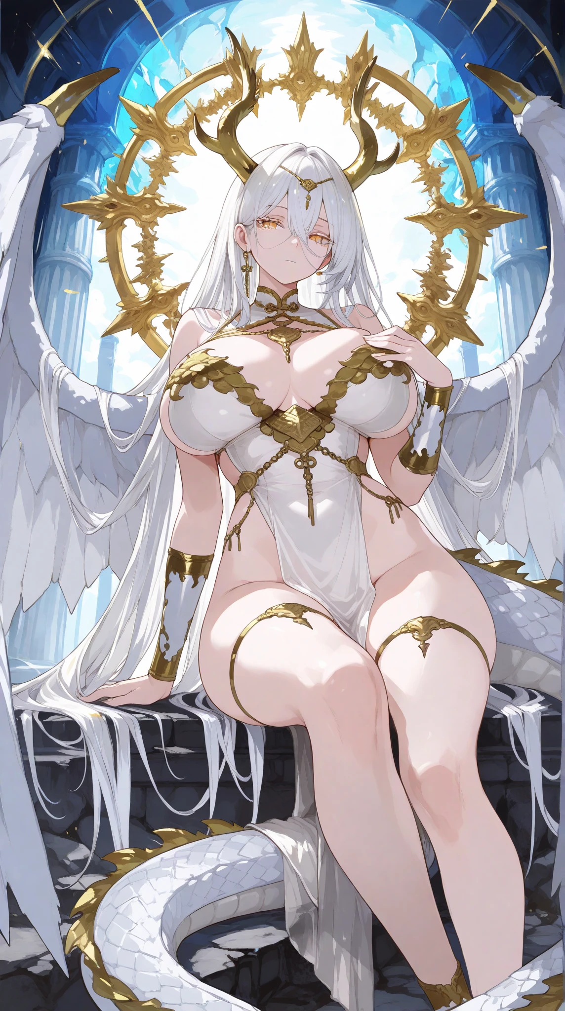 big breasted angel woman with golden armor and a sword