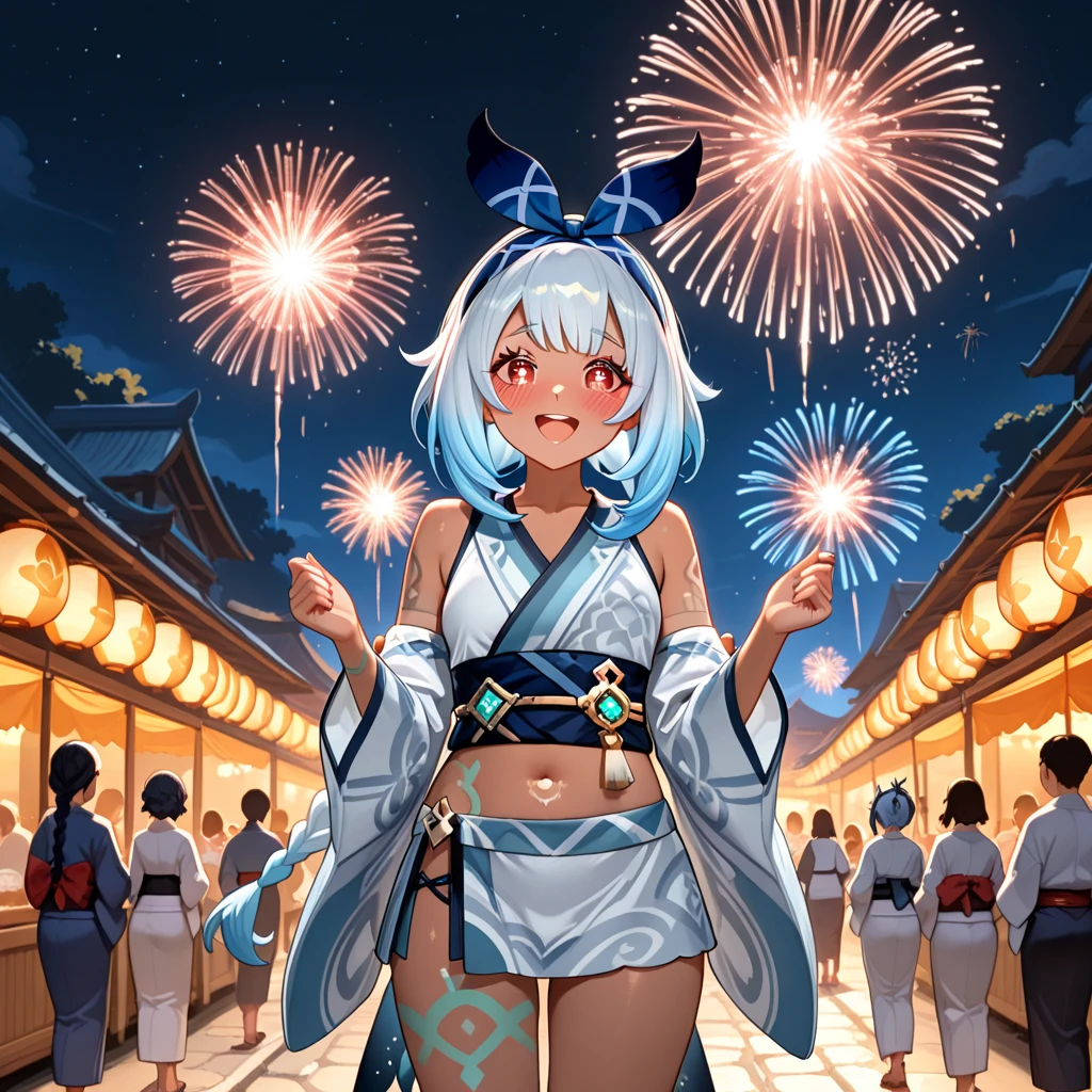 Masterpiece. Top quality. Top quality. "Mualani" from the smartphone game "Genshin Impact", dark skin female, white hair, silver hair, blue hair, colorful hair, short hair, extra long hair, long short hair, braided ponytail, twin braids, red eyes, light pupils, side locks, eyebrows visible through hair, headband, blue hairband, arm tattoo, leg tattoo, belly tattoo, body paint, {sexy}, SFW, {medium bust}}, white Japanese yukata, watching fireworks by a Japanese river with a dark night sky in the background, blushing and excited, lots of people around,