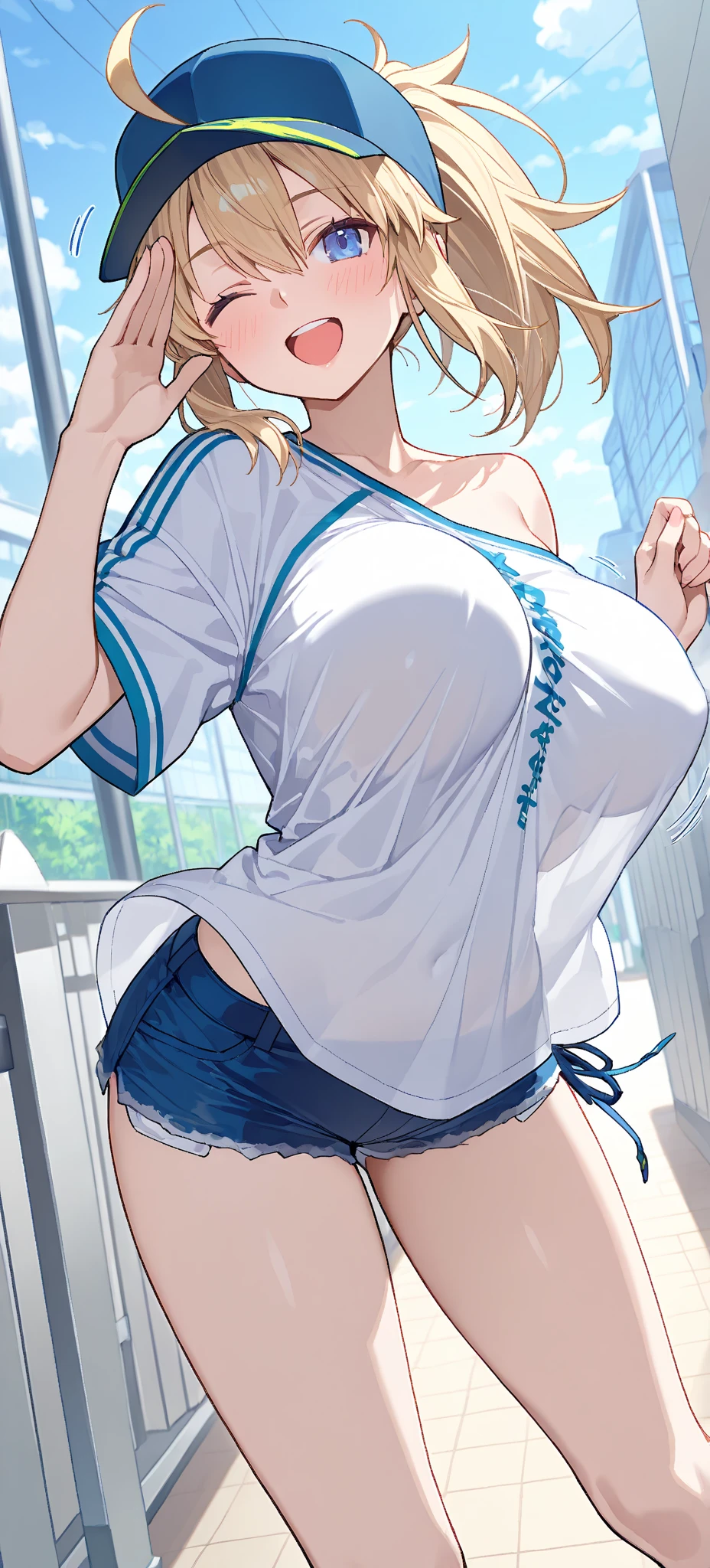 {{{masterpiece}}}, {{{best quality}}}, {{ultra-detailed}}, {illustration}, {{an extremely delicate and beautiful}},one girl,double eyelid,seductive smile,(white gym uniform,blue high leg buruma:1.2),slim legs,(Big Breasts:1.2),school,from above,pov,breast squeezed