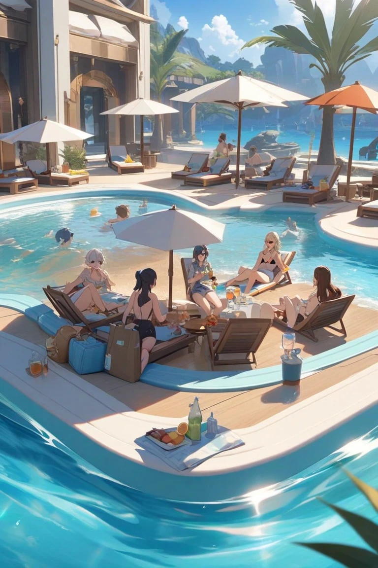 (very detailed, 4k, photorealistic),(camera shot from the back, 3 quarter body shot), (7 pretty girls in different swimsuits), (crowded beach bar scene), sitting facing away from the viewer, sexy bums, girls bending over a beach bar, (female bartender in bikini top behind the happy serving drinks)
