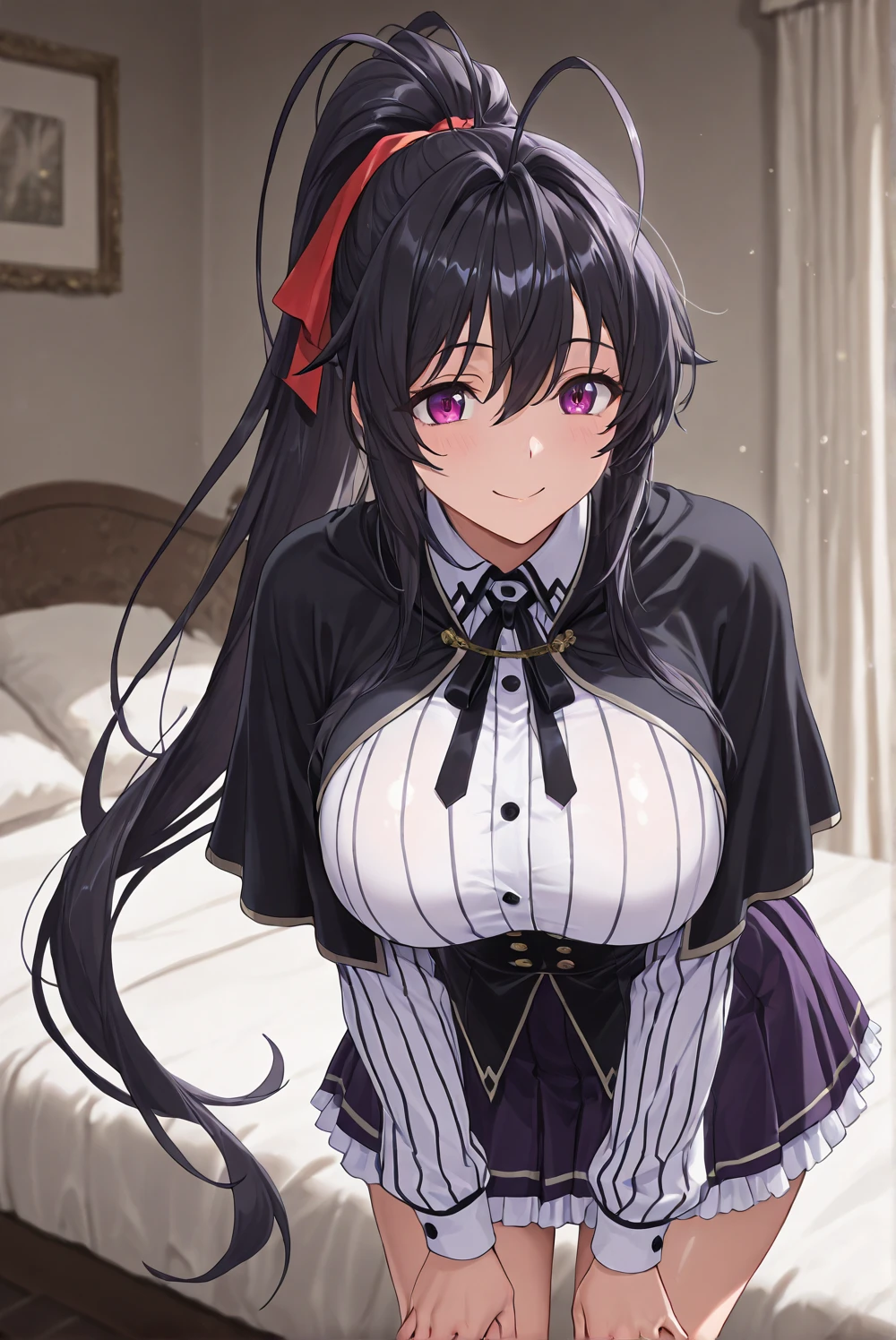 最high quality, high quality, Super detailed, 16K, Ultra-detailed details, pretty girl, alone, beautiful purple hair, Beautiful purple eyes, Big Breasts, A light smile, Summer clothes, Summer Maid clothes, I'm lifting my skirt, Blue and white color striped underwear(Showing her underwear under her skirt), My crotch is wet with love juice, {{A succubus who falls in love with a man steals the facial skin of the girl he loves, transforms her face into that of a girl, and serves the man as a maid.}}, (((Intense vaginal sex with a man:1.5))), Full body image, NSFW