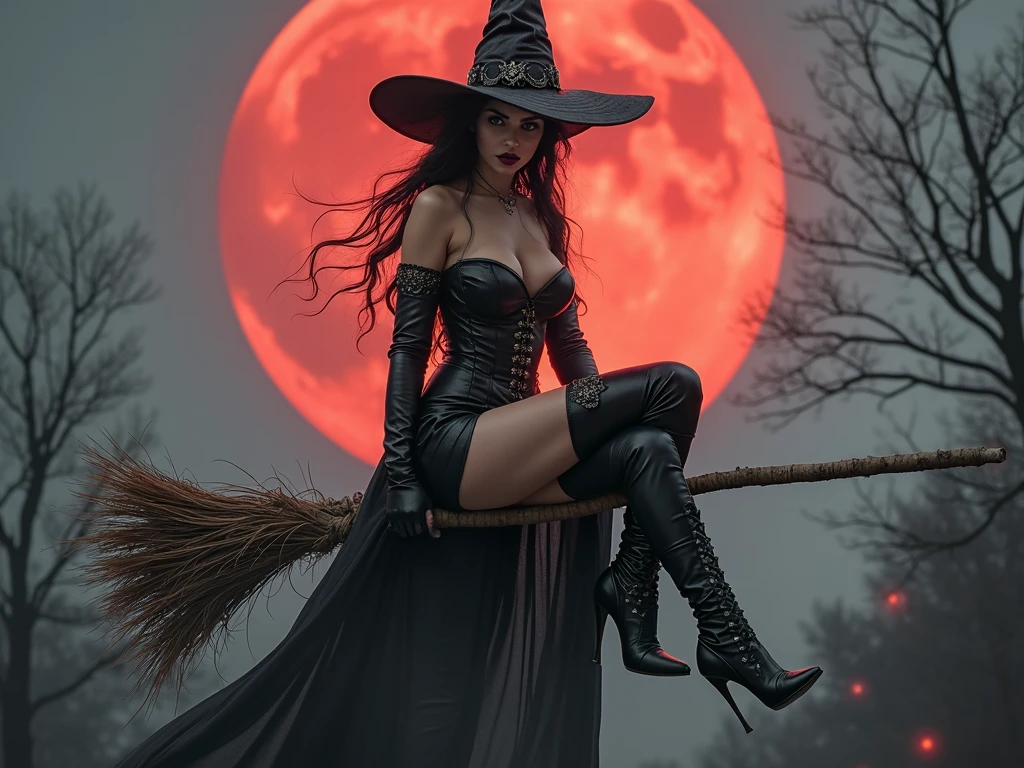 Sexy witch, flying on her broom, brunette, perfect face, white locks of hair, big breasts, cleavage, starry sky, flying over forest, red full moon.