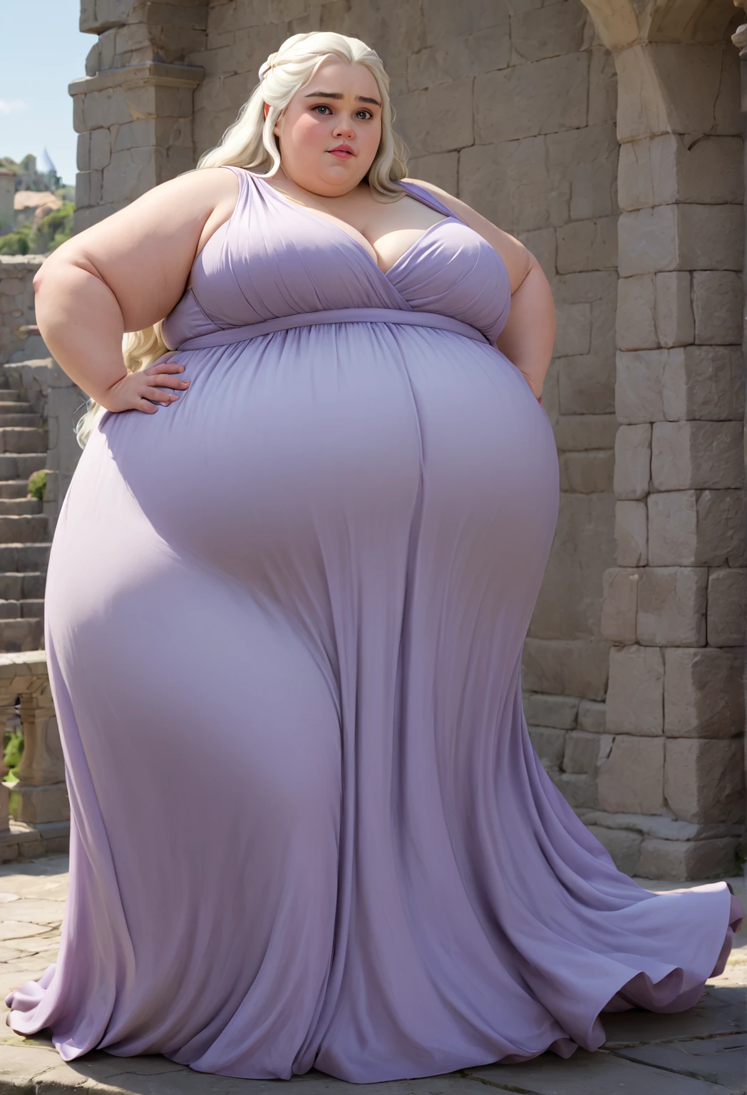 pregnant woman in pink dress standing on a walkway with a railing, plus size woman, she has a jiggly fat round belly, alluring plus sized model, her belly is fat and round, fat woman, woman is curved, plus size, pregnant belly, wearing a pink dress, a portrait of a plump woman, thicc, beautiful curvy female