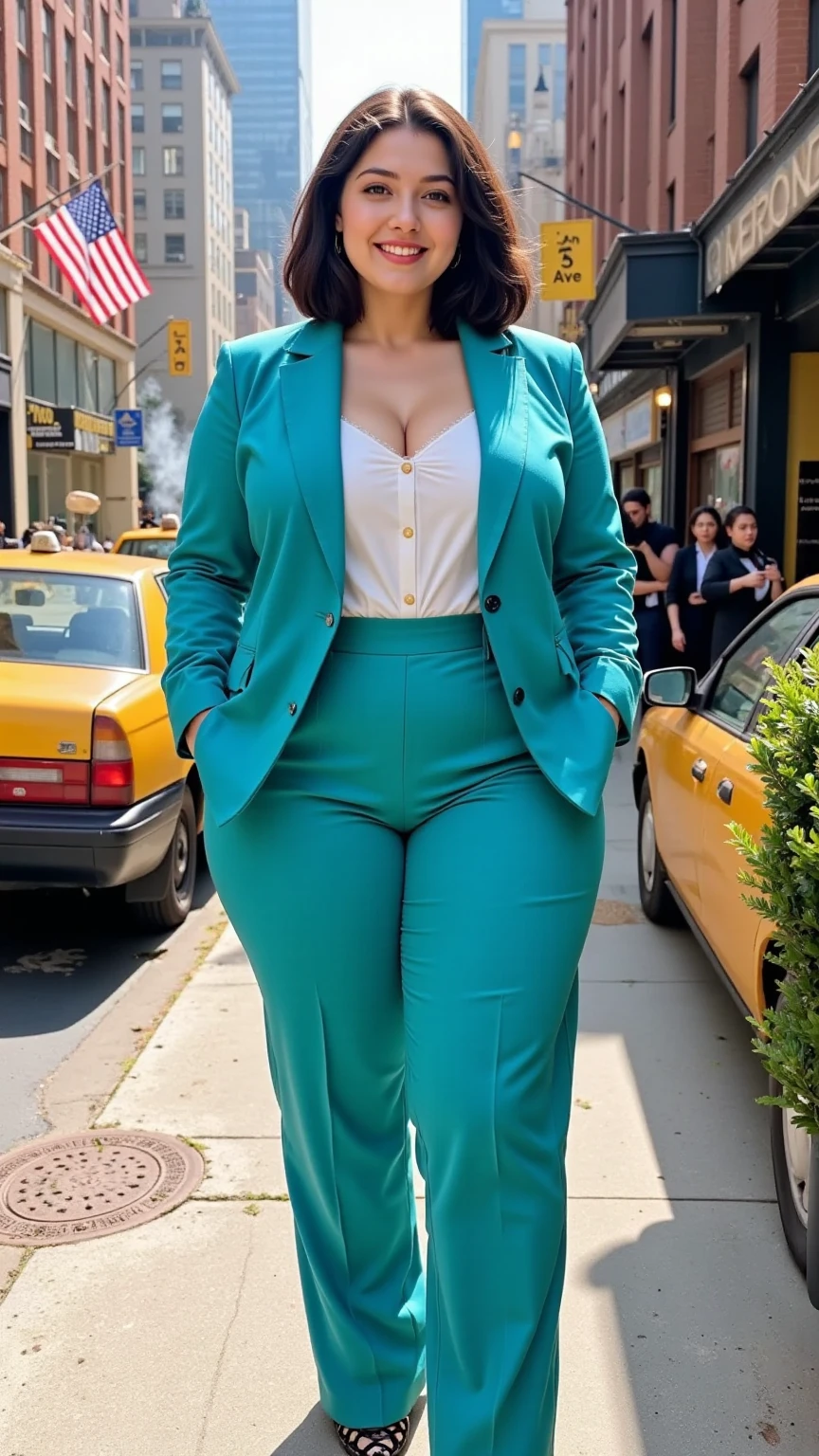 Women, long brown hair, BROWN SKIN, casual green suit, very wide hips, Thighs, Thighs gruesos, huge chest, tight clothes, walking, upset face
