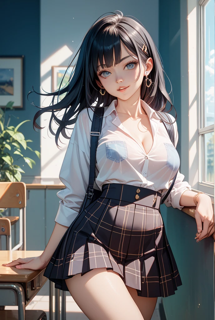1girl, large breasts,sexy, underwear, bra, skirt, pencil_skirt, cleavage, black_hair, blue_eyes, looking_at_viewer, blush, miniskirt, open_shirt, indoors, open_clothes, black_skirt,white_bra,shirt, undressing,cum in pussy, breast milk, bed,