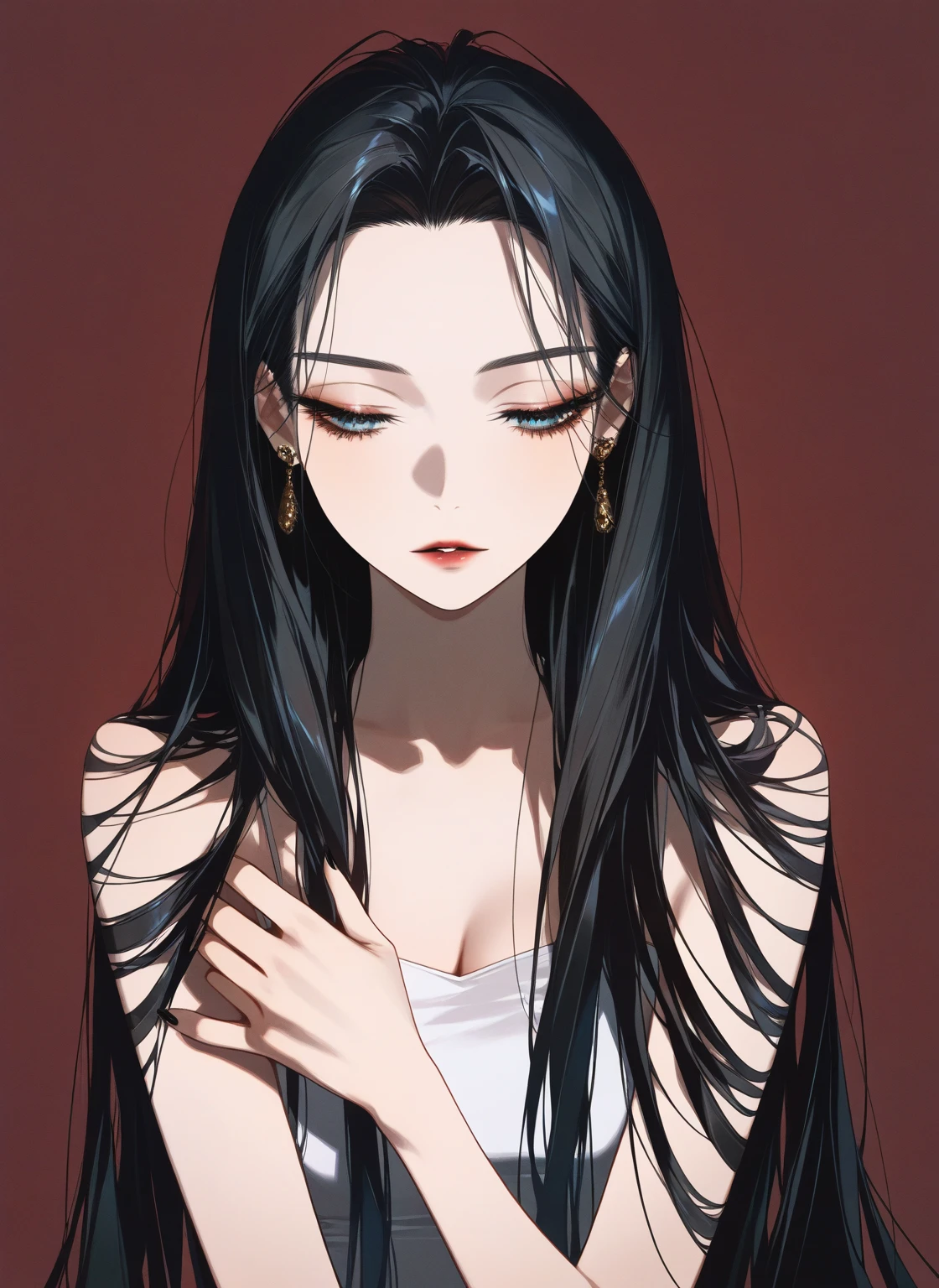 a close up of a woman with long hair wearing a black jacket, detailed long black hair, ilya kuvshinov with long hair, Guviz-style artwork, Zhang Jingna, with long dark hair, long thin black hair, Long dark hair, Dark long hair, By Ni Tian, by Yang J, Guviz, a beautiful anime portrait