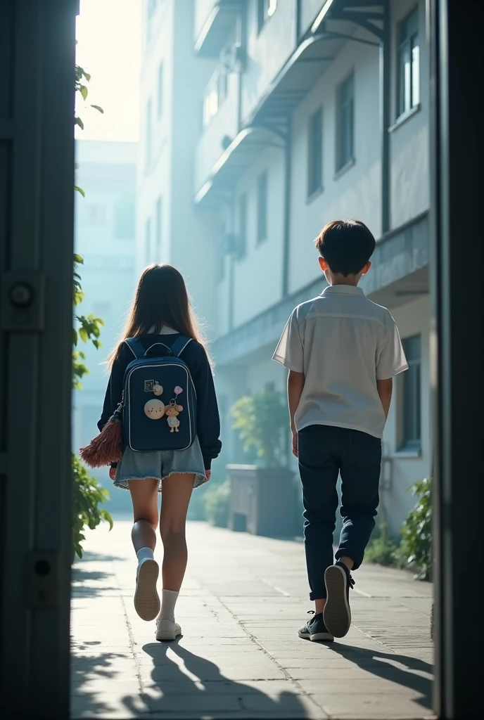 "Show a sad boy watching a girl walk toward a new school. The girl is moving on, leaving the boy behind, highlighting their growing distance."