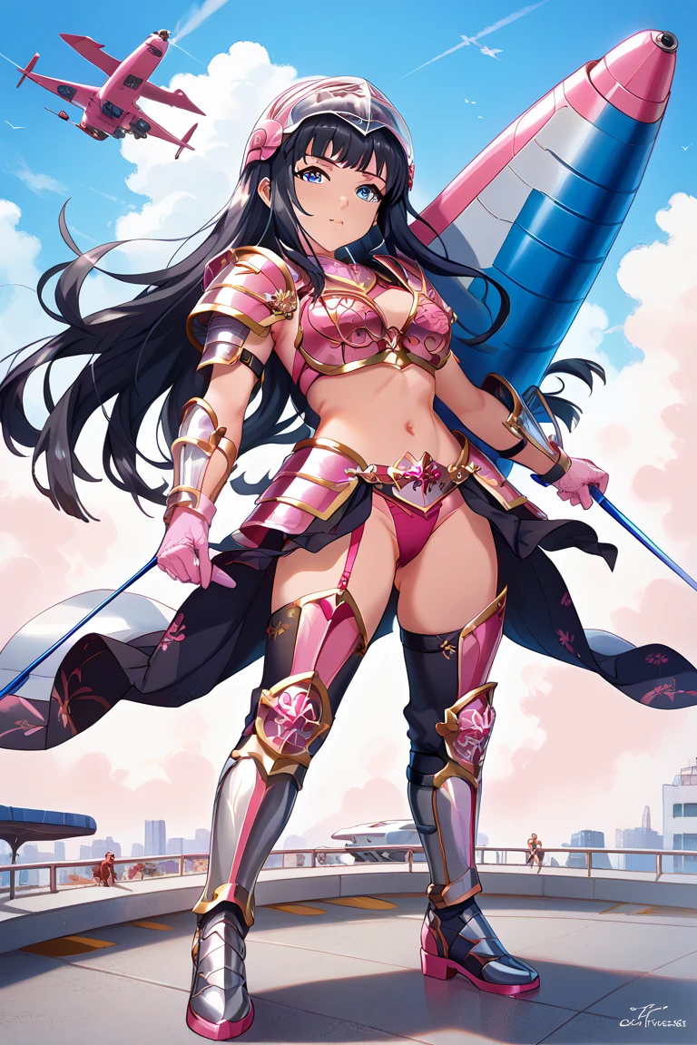 (masterpiece), (cowboy shot), (best quality, ultra-high resolution, depth of field:1.2), (perfect anatomy), Fair skin, Elf girl, pink eyes, black hair in a hime hairstyle, ponytail, pink bow, gold earrings, armor, high thighs boots, fantasy scenery