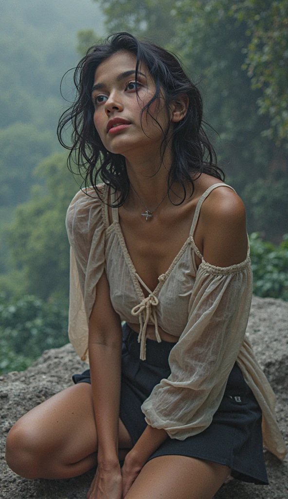 Woman in playing with water in backyard, ((fully clothed)), hippie fashion, tight long sleeved buttoned shirt, skirt, jewelry, beads, closeup fantasy with water magic, housewife, short tinted hair in a bob, slim stature, bright sunshine, summery palette, playful, gentle smile, clothes made of water, photorealistic, dripping wet, beautiful realistic photo, hyperrealistic fantasy photo, close up, narrow depth of field, 8k, ((drenched)), ((soaked)), (dripping water), dripping oil, heavy clothes, soaked in oil, medium breasts, lawn, wet all over, wet dripping hair, varied poses, in a pond