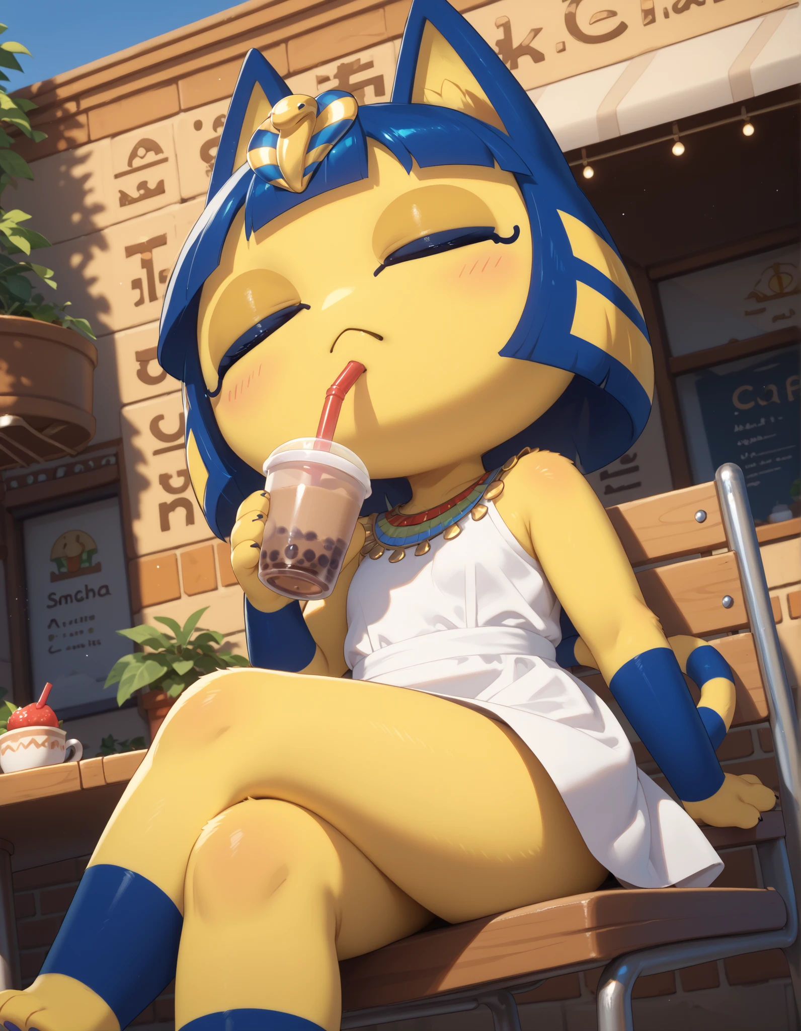 source_furry,ankha (animal crossing), close up, anthro furry,solo, short white dress, closed eyes, (dynamic angle), (dutch angle), (outdoors), (cafe background), neutral expression, sitting on chair, crossed legs, (sipping a cup of tea)