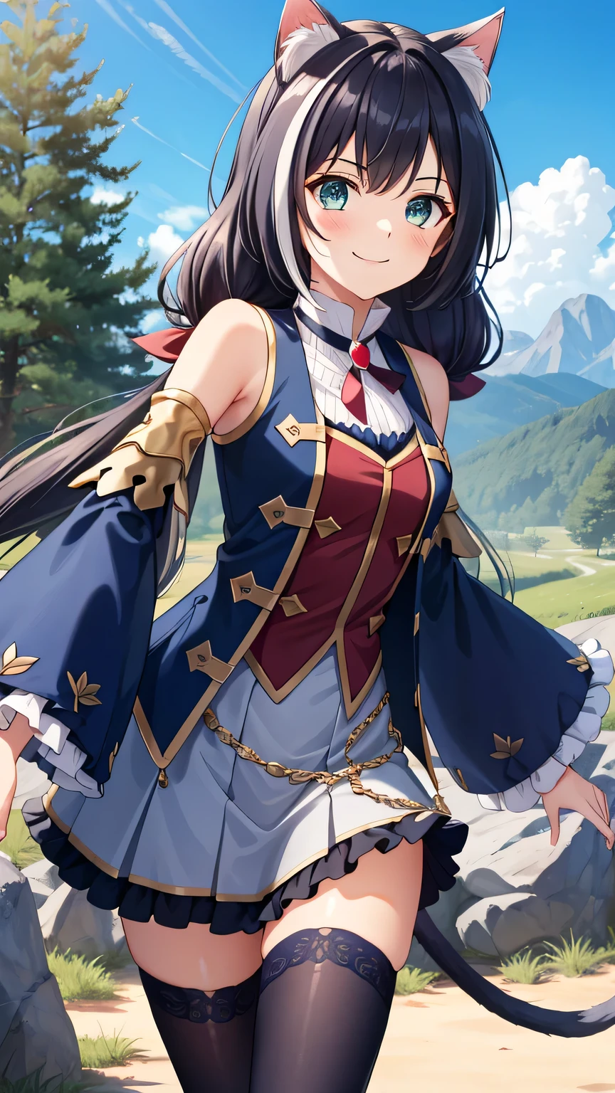 {{{masterpiece}}}, (best quality:1.5), (ultra-detailed:1.5), {illustration}, {{an extremely delicate and beautiful}}, (beautiful detailed eyes:1.6), absurdres, highres, extremely detailed face, 16k, hd, visual anime de uma jovem mulher, extremamente bonito rosto de anime, anime melhor garota, (perfect hands, perfect anatomy), (five fingers:1.3) anime face, Karyl(priconne), 1girl, solo, cute face, (karyldefault:1.3), animal ear, black hair, long hair, low twintails, purple hair bow, multicolored hair, streaked hair, vertical stripes, white hair, cat ears, cat girl, cat tail, green eyes, medium breasts, big hips, curvaceous, BREAK, (Tailcoat:1.3), (Navy Blue jacket:1.5), Long hem, arm support, bare shoulders, (Navy Blue sleeves:1.5), red bustier, black ribbon(red brooch), detached sleeves, dress, frilled sleeves, wide sleeves, neck ribbon, sleeveless, sleeveless dress, wallet chain(red gem), purple frilled skirt, white pannier, black thighhighs, brown boots, thighs, zettai ryouiki, BREAK, cute face, smiling, standing, outdoor, daytime, solar, rock, mountain, forest, desert, sky, lake, look the sky, look up, (bust shot:1.3), Composition from an angle