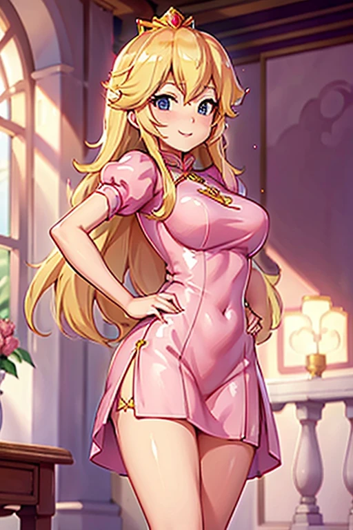 highres, masterpiece, perfect ligthing, bloom, cinematic lighting, , perfect skin, female, ((cowboy shot)), Wide-Legged Seated Forward Bend, smile, narrow waist, skinny, (PrincessPeach), (Princess Peach), (Pink dress:1.6), choker, detailled eyes, blue eyes, choker, , Secret garden, pink lips, ((glossy lips)), pumps, glossy skin, oily skin, beautiful light, (day:1.3), bright, nsfw, (cum on clothes:1.3)