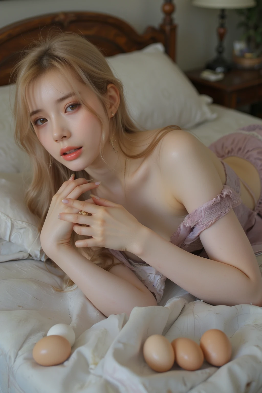 There is a woman in pink lingerie lying on a bed, dulce conejita ultrarrealista, bella delfina, sakimichan, pale porcelain white skin, cruel korean gothic girl, shikami, pale milky white porcelain skin, ulzzang, fairy core, cara sexy con maquillaje completo, y 2 k cutecore clowncore