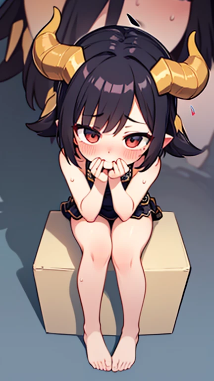 A close up of a dark-skinned woman with long, black hair and heterochromic eyes in a lingerie , laying on the floor