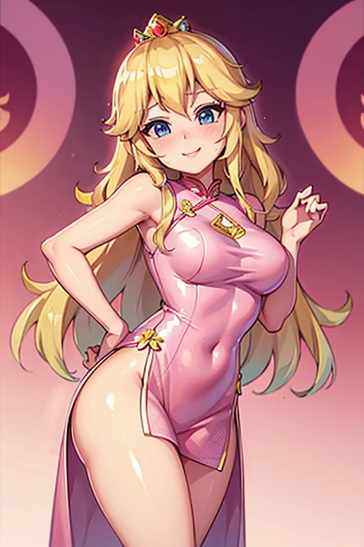 highest quality、High resolution、Real Anime、3D、Volumetric lighting,  Both sides up, Golden Eyes, Malicious grin, Golden tentacle hair, Medium Hair, Sexy eye tips, 美しいFuller lips, gigantic breast, Cleavage、Pornographic exposure, Wide Hips, Fuller lips, (highest quality, Amazing details:1.3), (alone:1.3), masterpiece, (Extremely detailed 8K CG), fix, Decoration, Wicked Smile, Dynamic pose, Dynamic Angle, Pink detail background、blush、